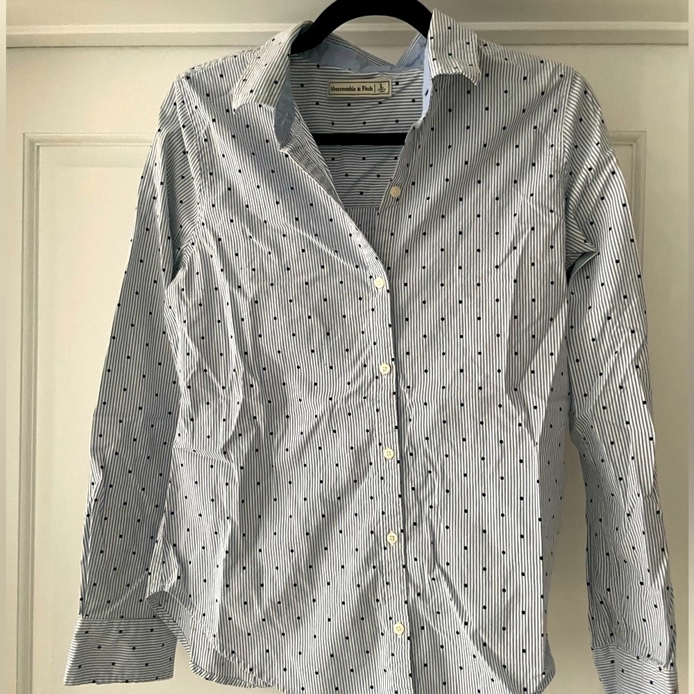 Abercrombie & Fitch Blue White Large Collar Striped Dot Button Down
